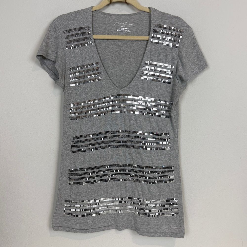 Kenneth Cole New York Grey Sequin Short Sleeve V-neck T-shirt L